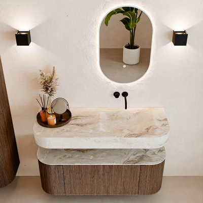 MONDIAZ THOR-DLUX 120cm meuble de salle de bains arrondi gauche + droite couleur Walnut avec 1 tiroir et 2 portes. Vasque suspendue CLOUD droite sans trou de robinet couleur Frappe.