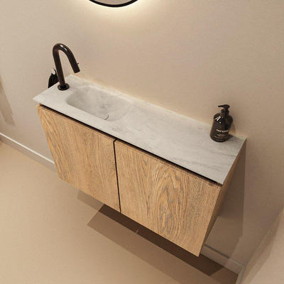 MONDIAZ TURE-DLUX Meuble toilette - 80cm - Washed Oak - EDEN - vasque Opalo - position gauche - 1 trou de robinet