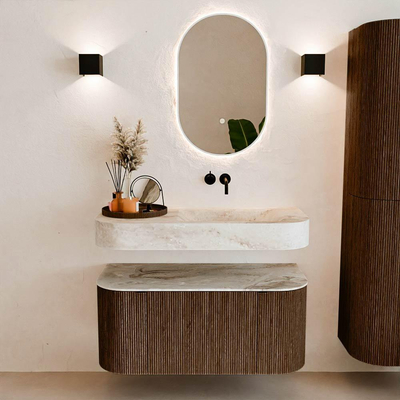 MONDIAZ THOR-DLUX 100cm meuble de salle de bains arrondi gauche + droite couleur Walnut avec 1 tiroir et 2 portes. Vasque suspendue CLOUD droite sans trou de robinet couleur Frappe.