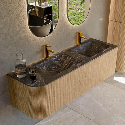 MONDIAZ KURVE-DLUX 145cm Meuble salle de bain avec module 25 G - couleur Oak - 1 tiroir - 1 porte - vasque LEAF double / droite - 2 trous de robinet - couleur Lava