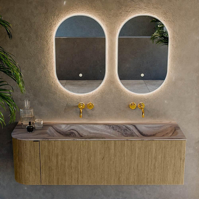 MONDIAZ KURVE-DLUX Meuble de salle de bains 145cm arrondi à gauche couleur Dusk avec 1 tiroir et 1 porte. Lavabo BIG LARGE à droite sans trou de robinetterie Sombra.