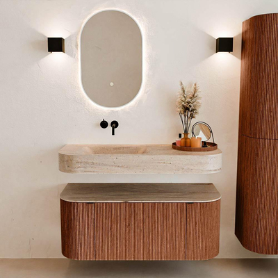 MONDIAZ THOR-DLUX Meuble de salle de bains - 110cm - arrondi gauche + droite - couleur Ruby - 1 tiroir - 2 portes - Vasque suspendue CLOUD Gauche sans trou de robinet - couleur Saba