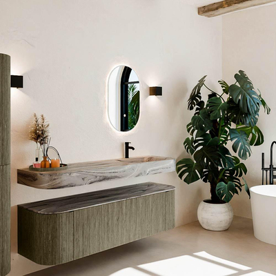 MONDIAZ THOR-DLUX 160cm meuble de salle de bains arrondi gauche + droite couleur Shadow avec 1 tiroir et 2 portes. Vasque suspendue CLOUD Droite 1 trou de robinet couleur Sombra.