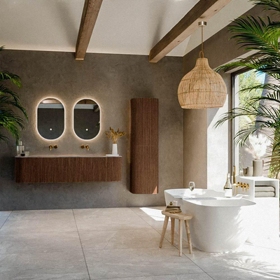 MONDIAZ KURVE-DLUX Meuble de salle de bains 170cm arrondi gauche + droite couleur Walnut avec 1 tiroir et 2 portes. Lavabo LEAF double sans trou de robinet Sombra.