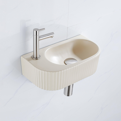 QeramiQ Fuente pack lave-mains – demi-rond – 40 x 21,5 x 12 cm – perçage à gauche – robinet inox brossé – cannelé