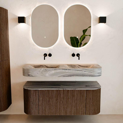 MONDIAZ THOR-DLUX 120cm badmeubel ronding links + rechts kleur Walnut met 1 lade en 2 deuren. Vrijhangende wastafel CLOUD Dubbel zonder kraangat kleur Sombra.