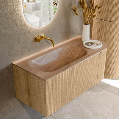 MONDIAZ KURVE-DLUX 105cm badmeubel ronding Rechts kleur Oak met 1 lade en 1 deur. Wastafel BIG SMALL Links zonder kraangat Saba.