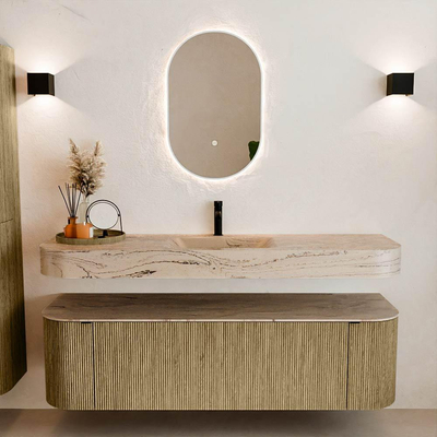 MONDIAZ THOR-DLUX 160cm meuble de salle de bains arrondi gauche + droite couleur Dusk avec 1 tiroir et 2 portes. Vasque suspendue CLOUD Milieu 1 trou de robinet couleur Arena.