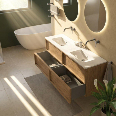 Saniclass Holz Frame Ensemble de meubles de salle de bains - 160x45x62cm - lavabo en céramique Vygo blanc - 2 vasques - sans trous de robinet - 4 tiroirs - chêne natural mat (bois)