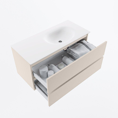 Mondiaz VICA ensemble de meuble de salle de bain - 100cm - meuble sous-vasque lin - 2 tiroirs - lavabo lune droite - 1 trou de robinet - version haute de 60cm - talc