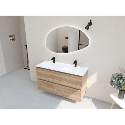 HR Infinity XXL ensemble de meubles de salle de bain 3d 120 cm 2 vasques en céramique gala blanc 2 trous de robinetterie 2 tiroirs chêne français