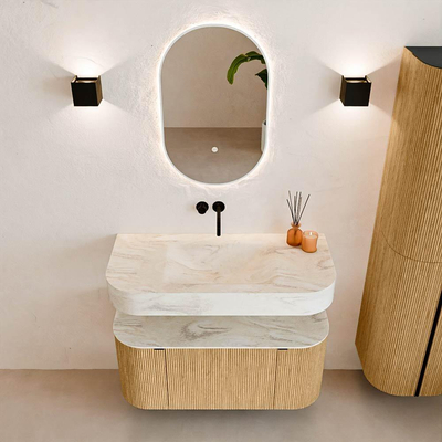 MONDIAZ THOR-DLUX 100cm badmeubel ronding links + rechts kleur Oak met 1 lade en 2 deuren. Vrijhangende wastafel CLOUD Midden zonder kraangat kleur Ostra.