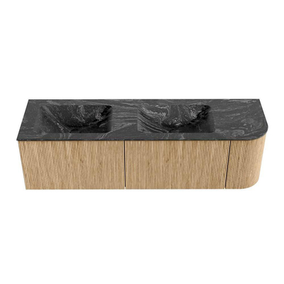 MONDIAZ KURVE-DLUX 155cm Meuble salle de bain avec module 25 D - couleur Oak - 2 tiroirs - 1 porte - vasque LEAF double / gauche - 2 trous de robinet - couleur Lava