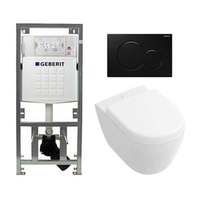 Villeroy en Boch Subway 2.0 compact DirectFlush toiletset met Geberit reservoir en bedieningsplaat zwart softclose met quickrelease wit