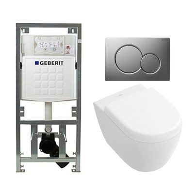 Villeroy en Boch Subway 2.0 compact DirectFlush toiletset met Geberit reservoir en bedieningsplaat mat chroom softclose met quickrelease wit