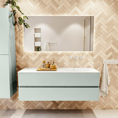 Mondiaz VICA ensemble de meuble de salle de bain - 140cm - meuble sous-vasque greey - 2 tiroirs - lavabo moon droite - sans trous de robinet - couleur talc - miroir LED - version XL 60cm haut