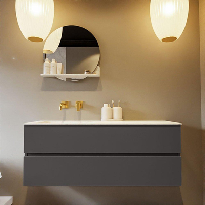 Mondiaz VICA-DLUX ensemble de meuble de salle de bain - 130cm - meuble sous-vasque gris foncé - 2 tiroirs - lavabo encastré cloud gauche - sans trous de robinet - version haute de 60cm - opalo