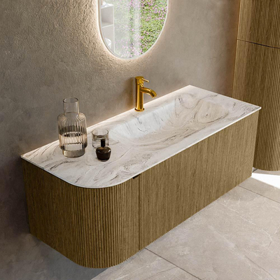 Mondiaz KURVE-DLUX Badkamermeubelset - 115x46x40cm - 1 lade - 1 deur - wastafel solid surface - rechts - 1 kraangat - Dusk