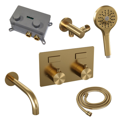 BRAUER Gold Edition thermostatische inbouw badkraan - drukknoppen SET 04 - uitloop - 3 standen handdouche - doucheslang - wandaansluitbocht - goud geborsteld PVD