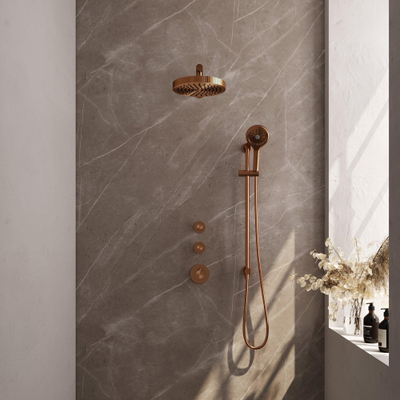 BRAUER Stripe Thermostatische Inbouw Regendouche - SET 10 - 25cm douchekop - rechte muurarm - 3-standen handdouche - doucheslang - geïntegreerde glijstang - koper geborsteld PVD