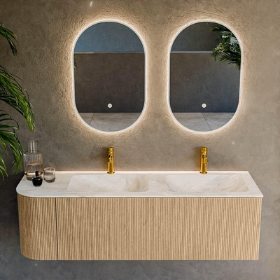 MONDIAZ KURVE-DLUX 145cm Meuble salle de bain avec module 25 G - couleur Oak - 1 tiroir - 1 porte - vasque LEAF double / droite - 2 trous de robinet - couleur Frappe