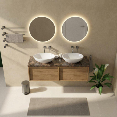 Saniclass Holz Frame Ensemble de meubles de salle de bains - 140x45x43cm - Plan de travail en pierre naturelle Noche dark emperador - sans trou de robinetterie - 2 tiroirs - chêne natural mat (bois)
