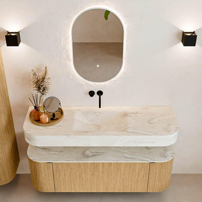 MONDIAZ THOR-DLUX 140cm badmeubel ronding links + rechts kleur Oak met 1 lade en 2 deuren. Vrijhangende wastafel CLOUD Midden zonder kraangat kleur Ostra.