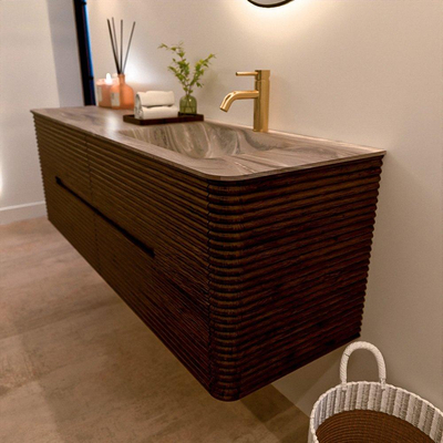 Mondiaz CIRO-DLUX Badkamermeubelset - 150x45x50cm - Solid surface wastafel Sombra - 1 wasbak Rechts - 1 kraangat - 4 lades - Walnut