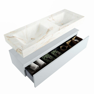 Mondiaz ALAN-DLUX Ensemble de meuble - 130cm - meuble Clay mat - 1 tiroir - Lavabo Cloud Frappe suspendu - vasque Gauche et droite - 2 trous de robinet