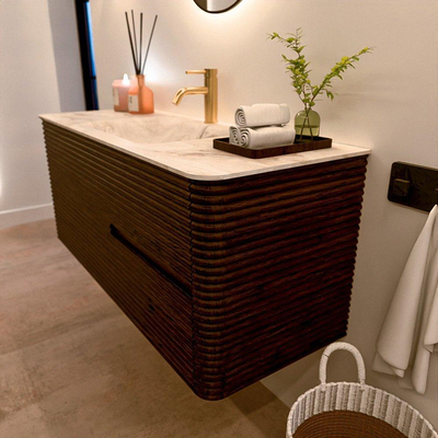 Mondiaz CIRO-DLUX Badkamermeubelset - 120x45x50cm - Solid surface wastafel Frappe - 1 wasbak Midden - 1 kraangat - 2 lades - Walnut