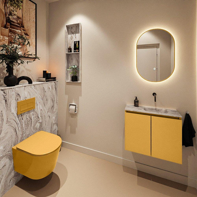 MONDIAZ TURE-DLUX Meuble toilette - 60cm - Ocher - EDEN - vasque Glace - position droite - sans trou de robinet