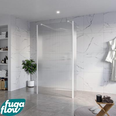 FugaFlow Eccelente Vetro Vrijstaande inloopdouche badkamer - 110x200cm - Helder geribbeld - antikalk - 8mm veiligheidsglas - 2 zijwanden 40cm - met wandarmen en hoekprofielen - Wit mat -