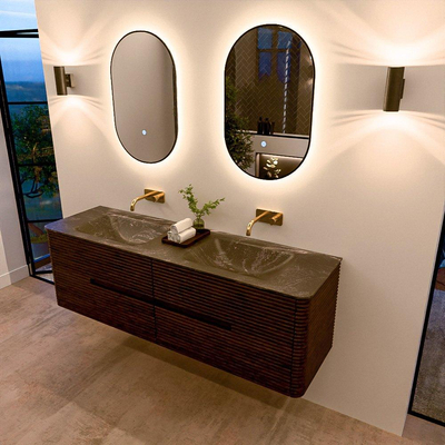 Mondiaz CIRO-DLUX Badkamermeubelset - 160x45x50cm - Solid surface wastafel Lava - 2 wasbak Dubbel - zonder kraangaten - 4 lades - Walnut