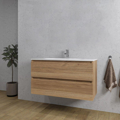 Saniclass Chaci Ensemble meuble de salle de bains - 100x46x55cm - lavabo en céramique blanc - 1 vasque ovale - 1 trou de robinet - 2 tiroirs - chêne