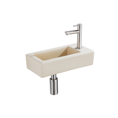 QeramiQ Fuente Ensemble lave-mains - 37.5x18.5x9cm - céramique - trou de robinetterie à droite - robinet de lave-mains inox brossé - bonde - siphon réduit - Beige mat