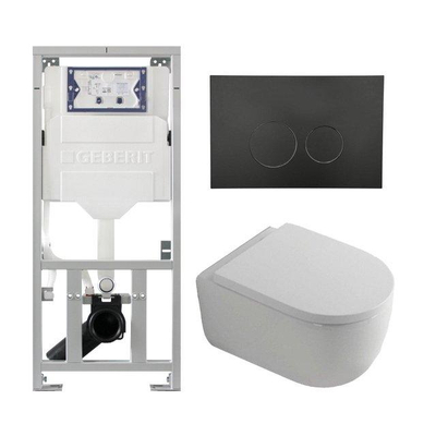 QeramiQ Dely Swirl Toiletset - 36.3x51.7cm - Geberit UP320 inbouwreservoir - met Burda frame - 35mm zitting - mat zwarte bedieningsplaat - ronde knoppen - wit mat