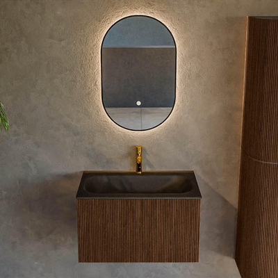 MONDIAZ KURVE 70cm badmeubel kleur Walnut met 1 lade. Wastafel BIG SMALL midden 1 kraangat Urban.