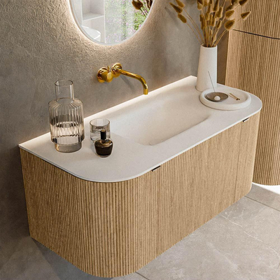 MONDIAZ KURVE Meuble de salle de bains 100 cm avec module 25 Len R couleur Chêne avec 1 tiroir et 2 portes. Lavabo GRUNNE central sans trou de robinet Talc.