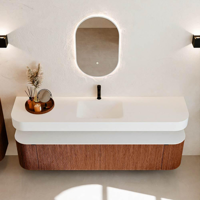 MONDIAZ THOR Meuble de salle de bains - 190cm - arrondi gauche + droite - couleur Ruby - 2 tiroirs et 2 portes - Vasque suspendue CLOUD Milieu 1 trou de robinet - couleur Talc