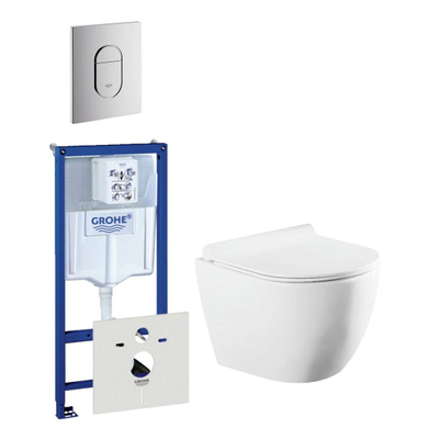 QeramiQ Salina Pack WC Réservoir à encastrer, Cuvette murale compacte, Abattant et Plaque de commande verticale Chrome