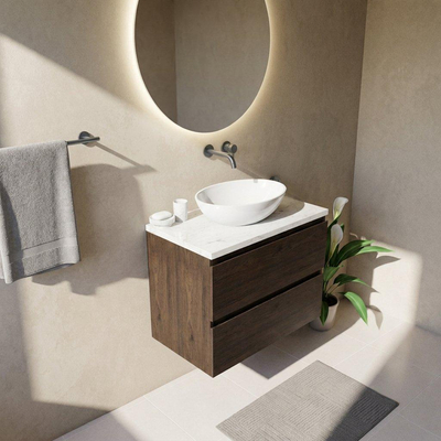 Saniclass Holz Pure Ensemble de meubles de salle de bains - 80x45x63cm - plan vasque en marbre Dia poli (blanc) - sans trou de robinetterie - 2 tiroirs - chêne charcoal mat (bois)