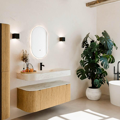 MONDIAZ THOR-DLUX Meuble de salle de bains - 120cm - arrondi gauche + droite - couleur Oak - 1 tiroir - 2 portes - Vasque suspendue CLOUD Milieu 1 trou de robinet couleur Ostra