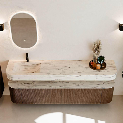 MONDIAZ THOR-DLUX 200cm meuble de salle de bains arrondi gauche + droite couleur Walnut avec 2 tiroirs et 2 portes. Vasque suspendue CLOUD gauche 1 trou de robinet couleur Nata.