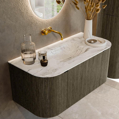Mondiaz KURVE-DLUX Badkamermeubelset - 100x46x40cm - 1 lade - 2 deuren - wastafel solid surface - midden - zonder kraangat - Shadow