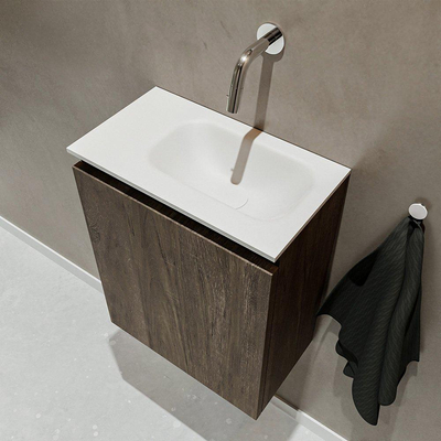 MONDIAZ TURE Kit lave-mains - 40x23x50cm - 0 trous de robinet - 1 porte - marron foncé mat - Lavabo à droite - Solid Surface Blanc