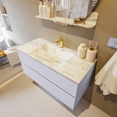 Mondiaz VICA-DLUX Ensemble de meuble de salle de bain - 100cm - meuble sous-vasque cale - 2 tiroirs - lavabo encastrée cloud milieu - 1 trou de robinet - version haute de 60cm - glace