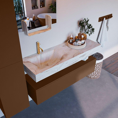 Mondiaz ALAN-DLUX Ensemble de meuble - 130cm - meuble Rust mat - 1 tiroir - Lavabo Cloud Frappe suspendu - vasque Gauche - 1 trou de robinet