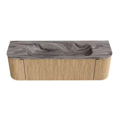 MONDIAZ KURVE-DLUX Meuble de salle de bains 150cm arrondi gauche + droite couleur chêne avec 1 tiroir et 2 portes. Lavabo BIG MEDIUM central 1 trou de robinet Sombra.