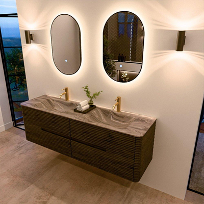 Mondiaz CIRO-DLUX Badkamermeubelset - 160x45x50cm - Solid surface wastafel Sombra - 2 wasbak Dubbel - 2 kraangaten - 4 lades - Shadow