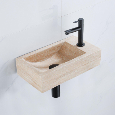 Saniclass Fuente Ensemble de fontaine - 40x22x10cm - trou de robinet à droite - robinet de fontaine noir mat - bouchon de vidange - siphon abaissé - pierre naturelle mouchetée